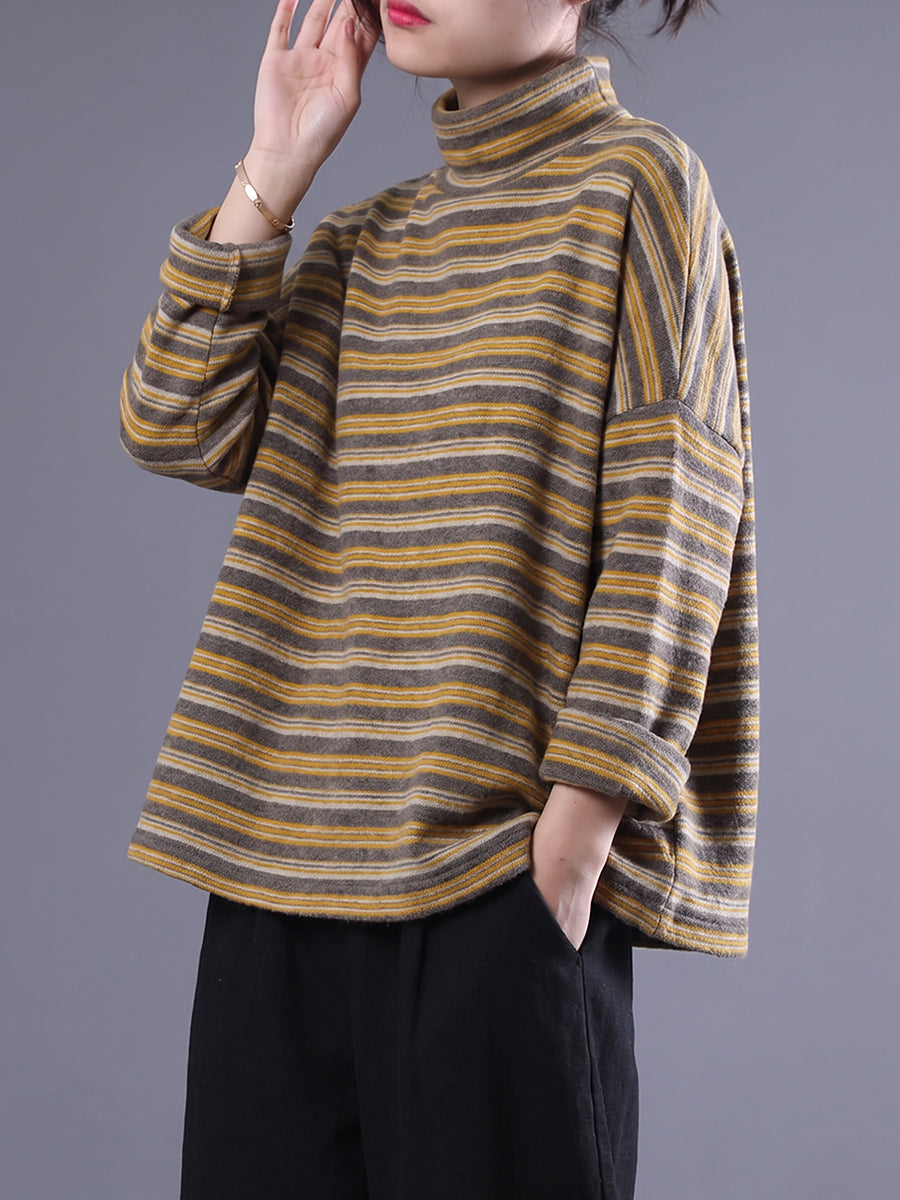 Plus Size Women Brushed Color Block Striped Mock Neck Base Layer Top