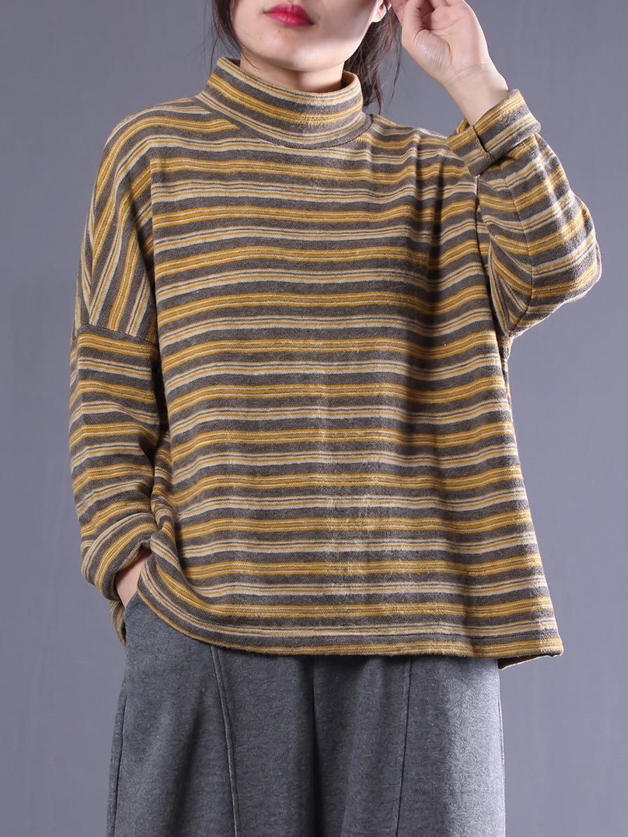 Plus Size Women Brushed Color Block Striped Mock Neck Base Layer Top