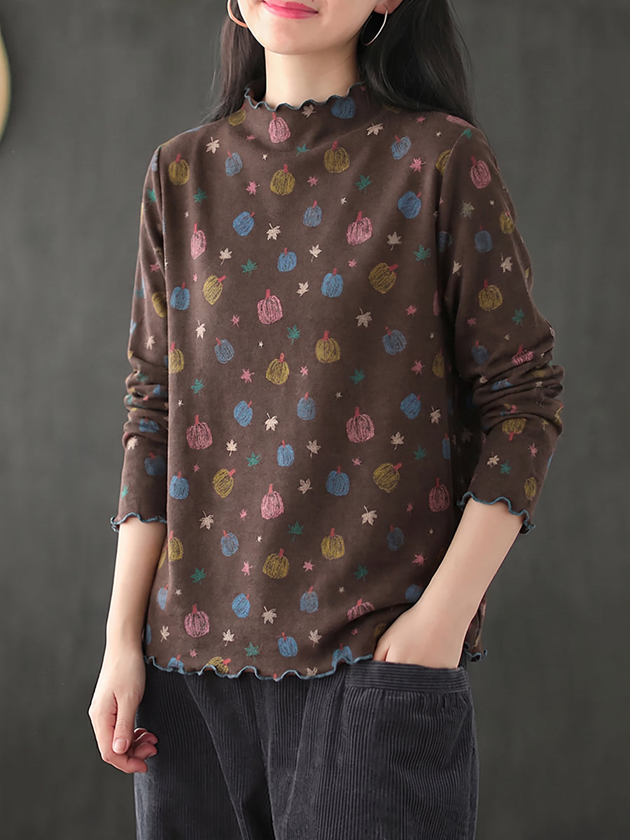 Plus Size Women Pumpkin Print Ruffle Trim Base Layer Top
