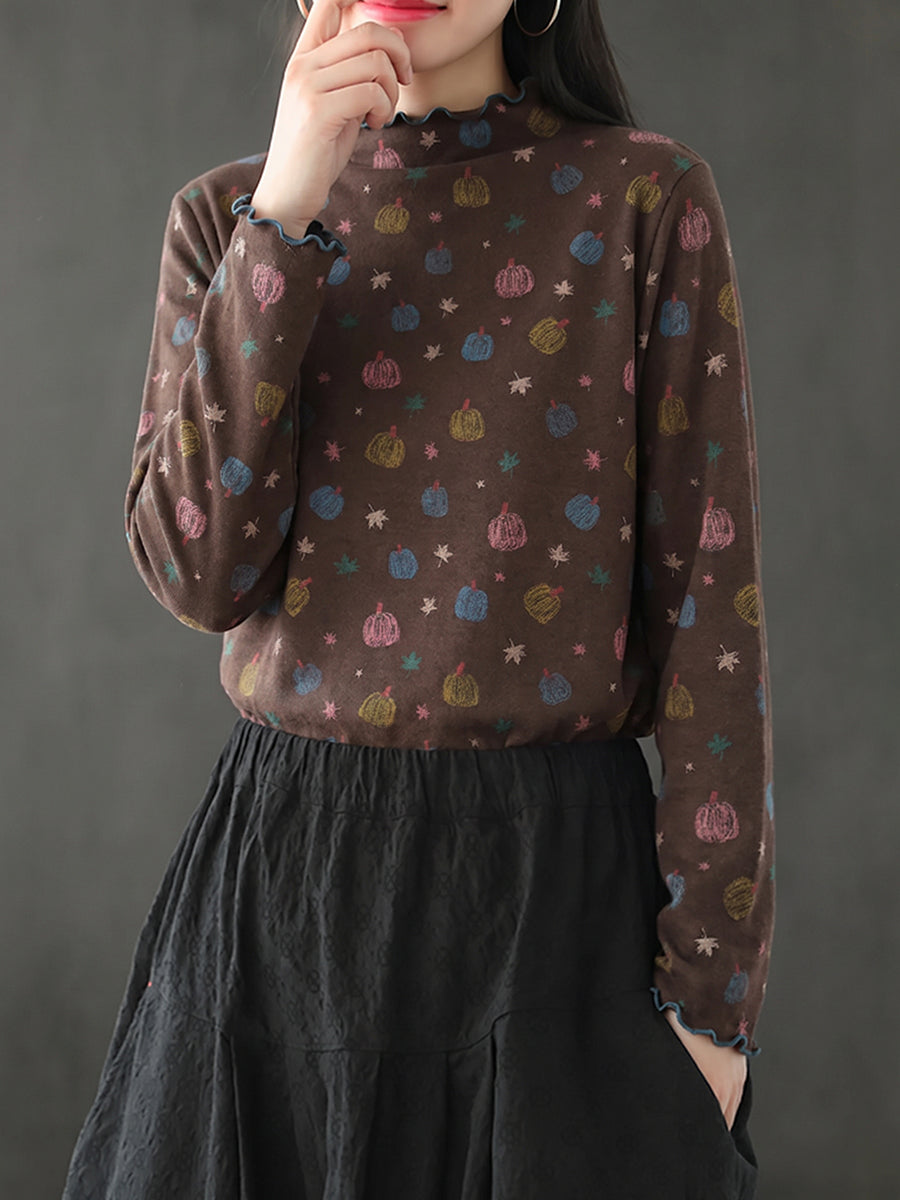 Plus Size Women Pumpkin Print Ruffle Trim Base Layer Top