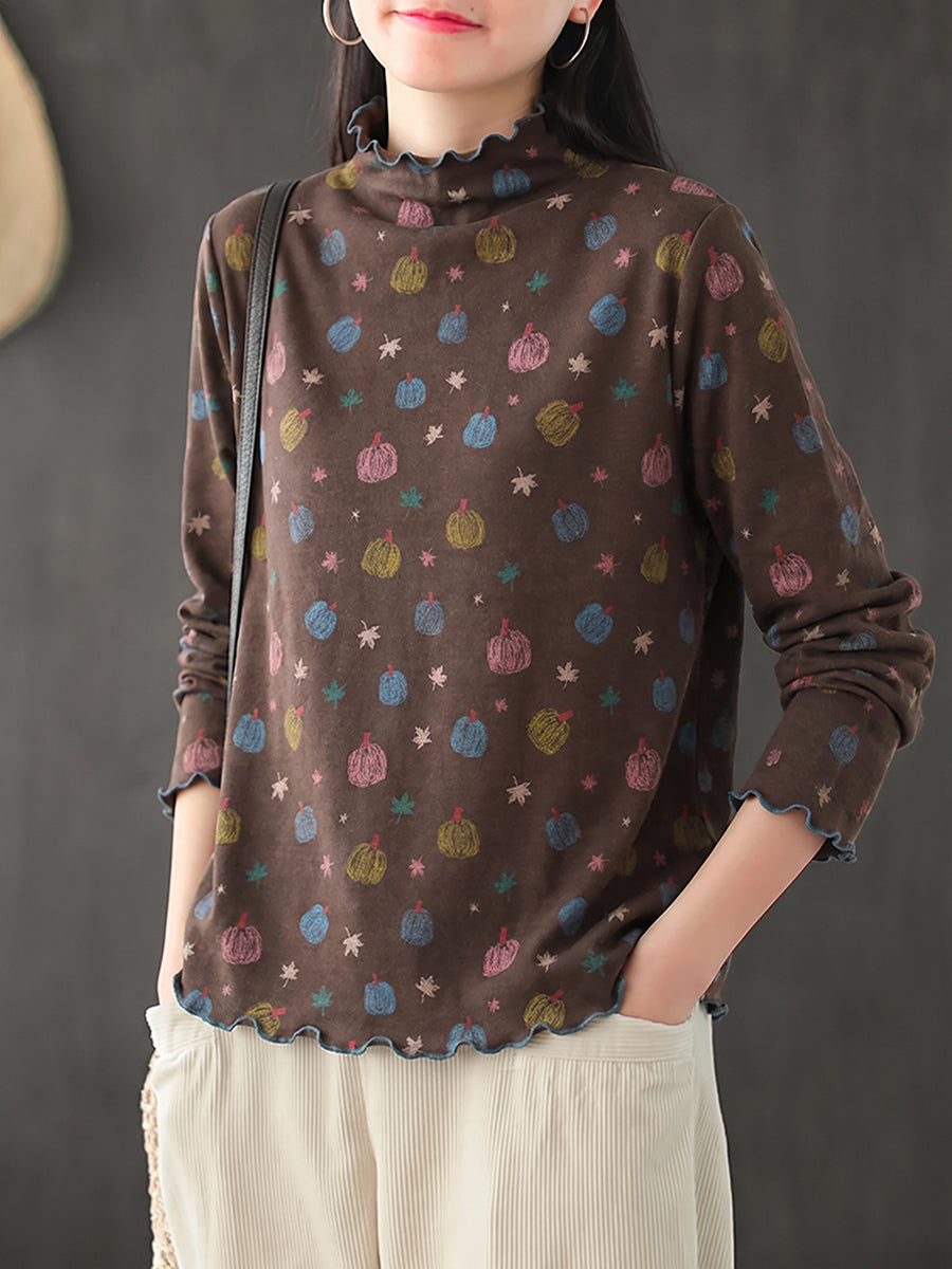 Plus Size Women Pumpkin Print Ruffle Trim Base Layer Top