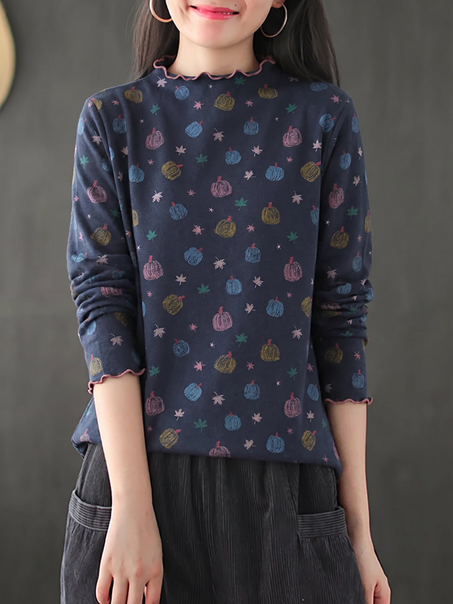 Plus Size Women Pumpkin Print Ruffle Trim Base Layer Top