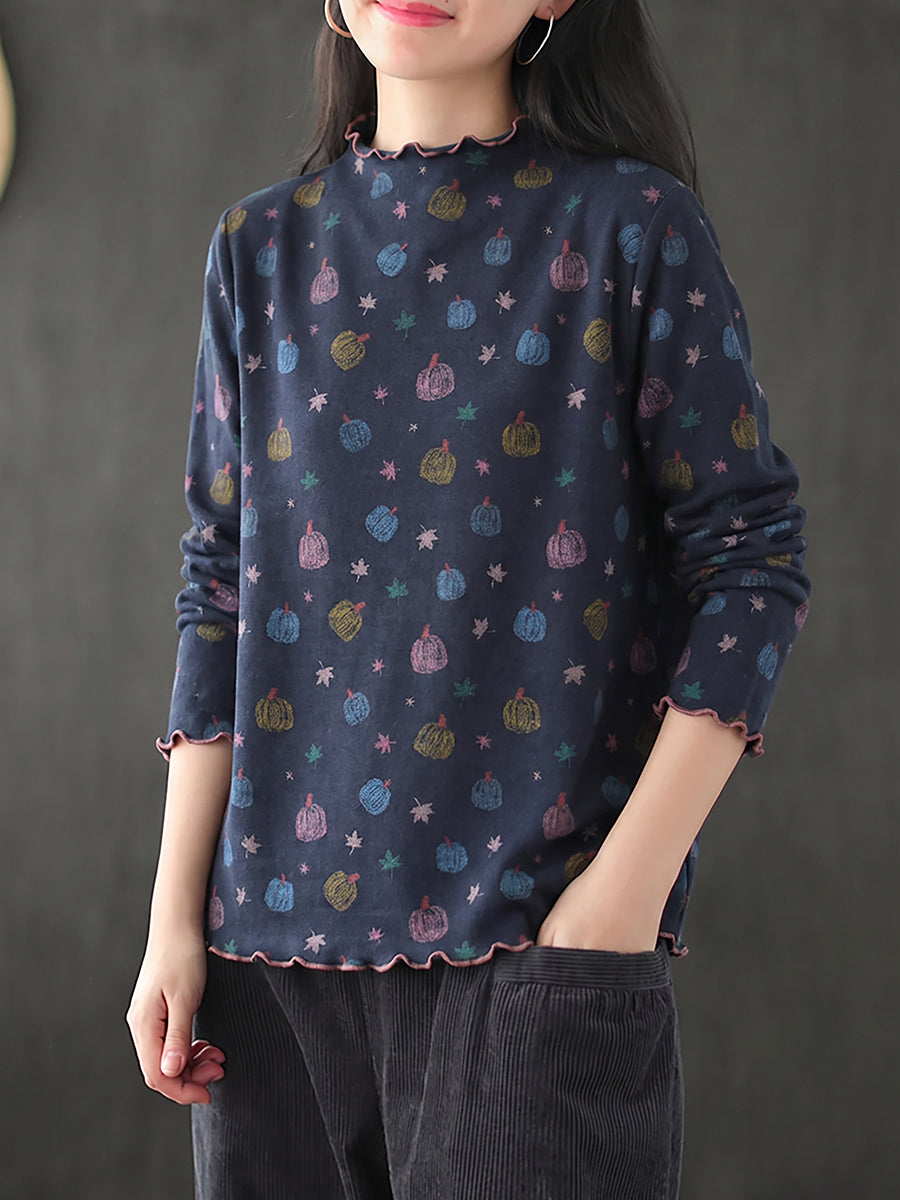 Plus Size Women Pumpkin Print Ruffle Trim Base Layer Top