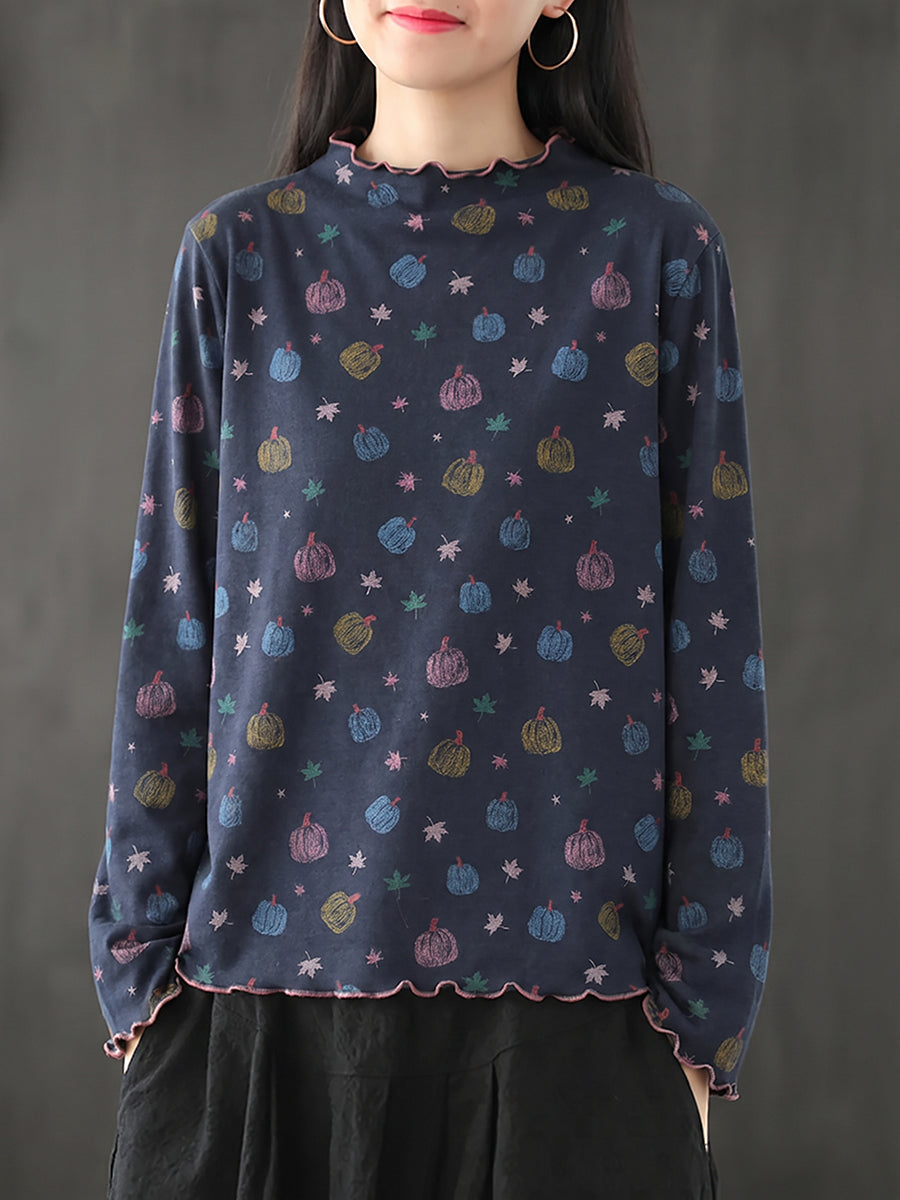 Plus Size Women Pumpkin Print Ruffle Trim Base Layer Top
