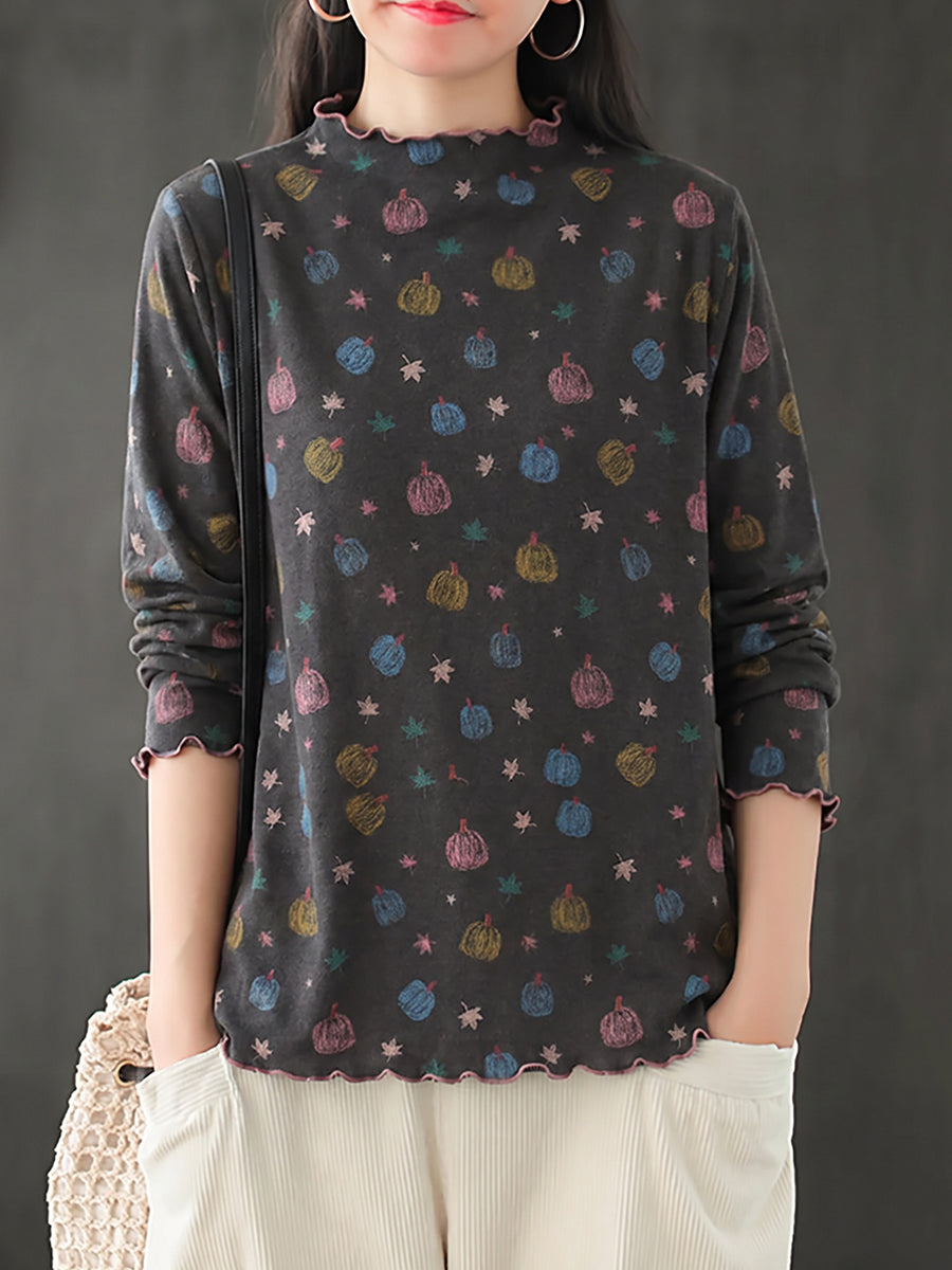 Plus Size Women Pumpkin Print Ruffle Trim Base Layer Top