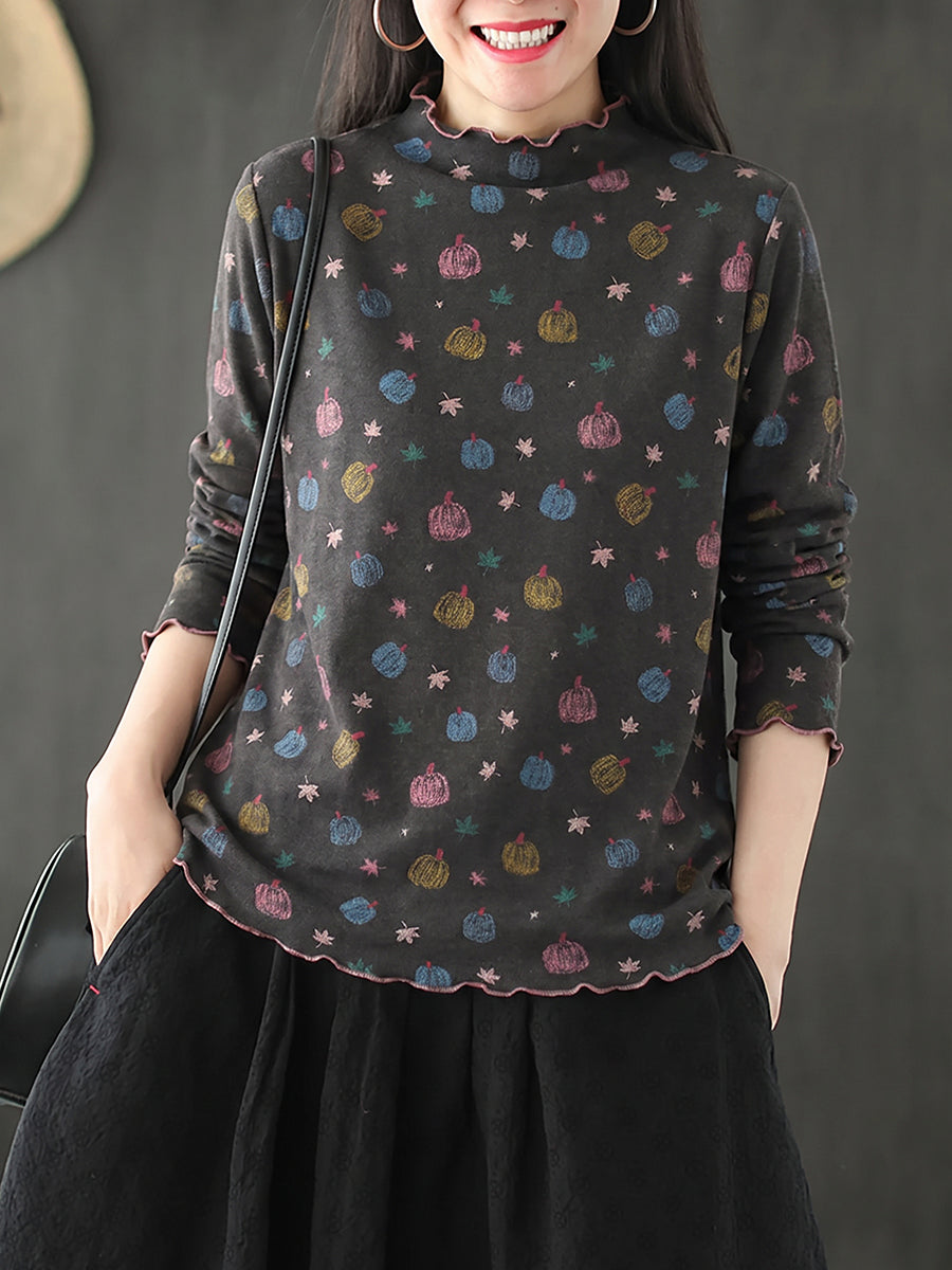 Plus Size Women Pumpkin Print Ruffle Trim Base Layer Top