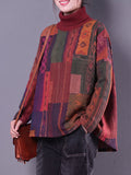 Plus Size Women Ethnic Print Patchwork Turtleneck Pullover Top