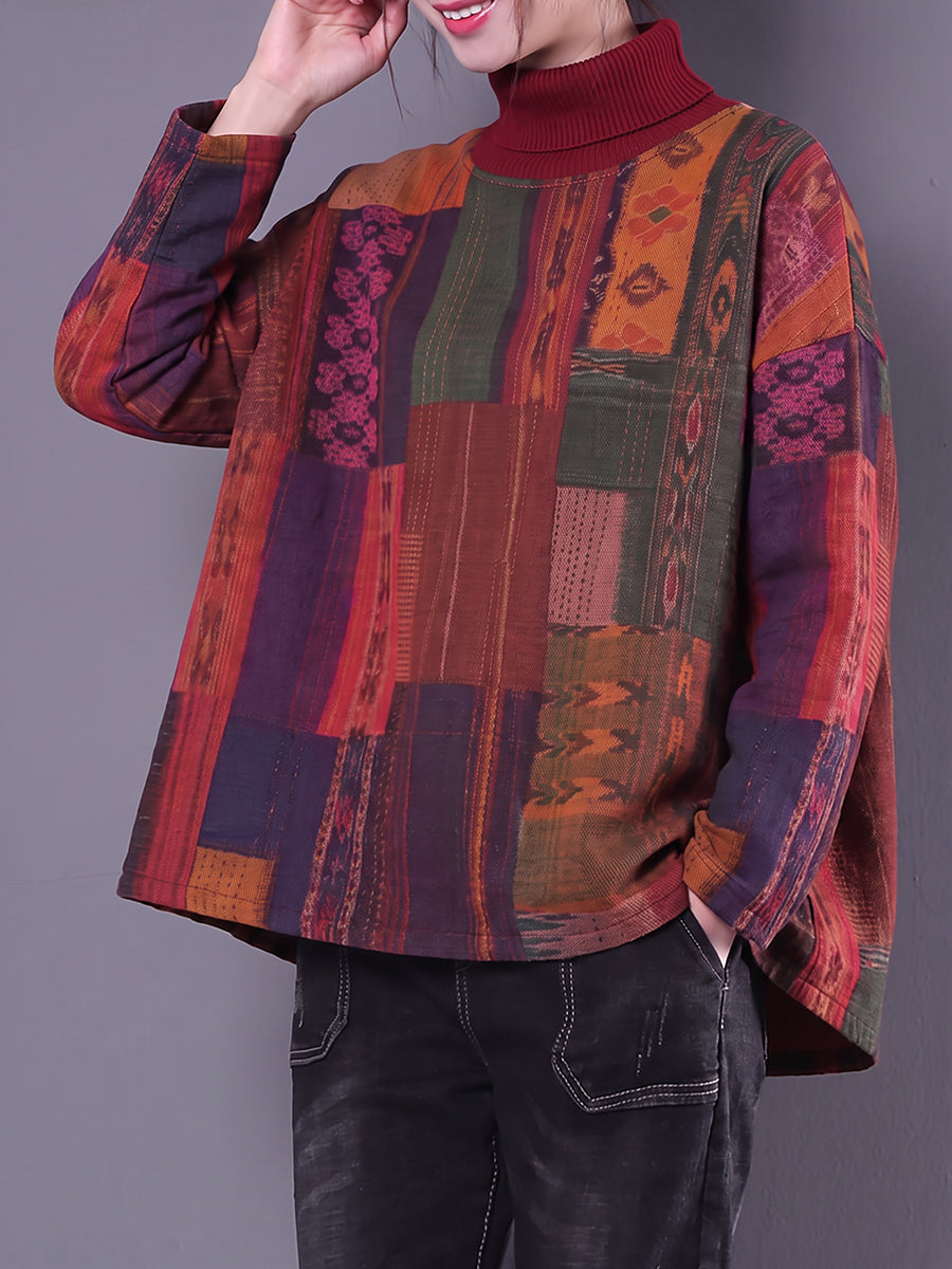 Plus Size Women Ethnic Print Patchwork Turtleneck Pullover Top