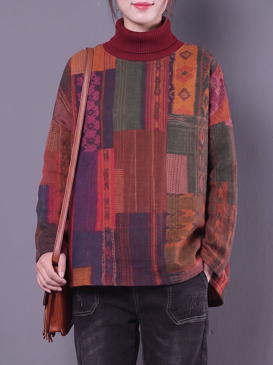 Plus Size Women Ethnic Print Patchwork Turtleneck Pullover Top