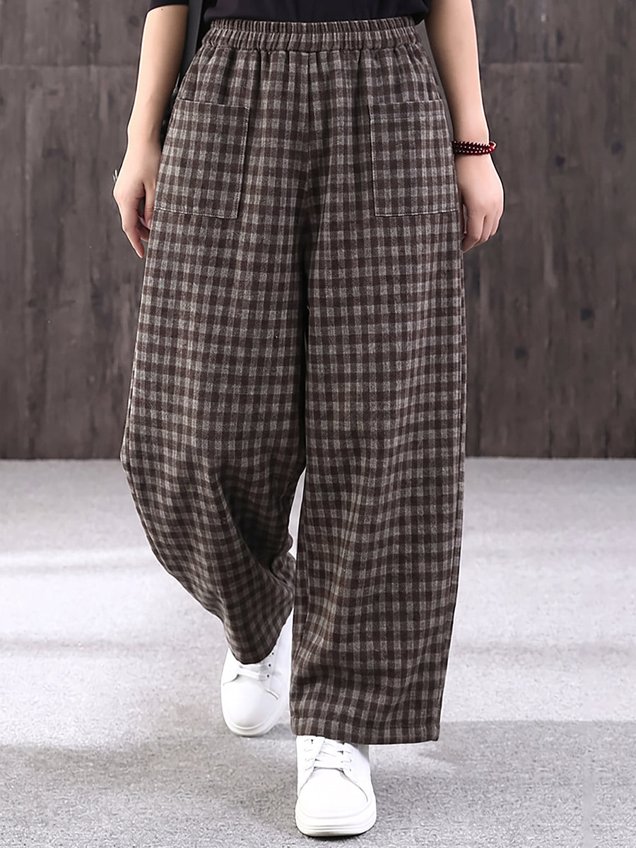 Plus Size Women Effortless Plaid Loose Casual Wide-Leg Pants