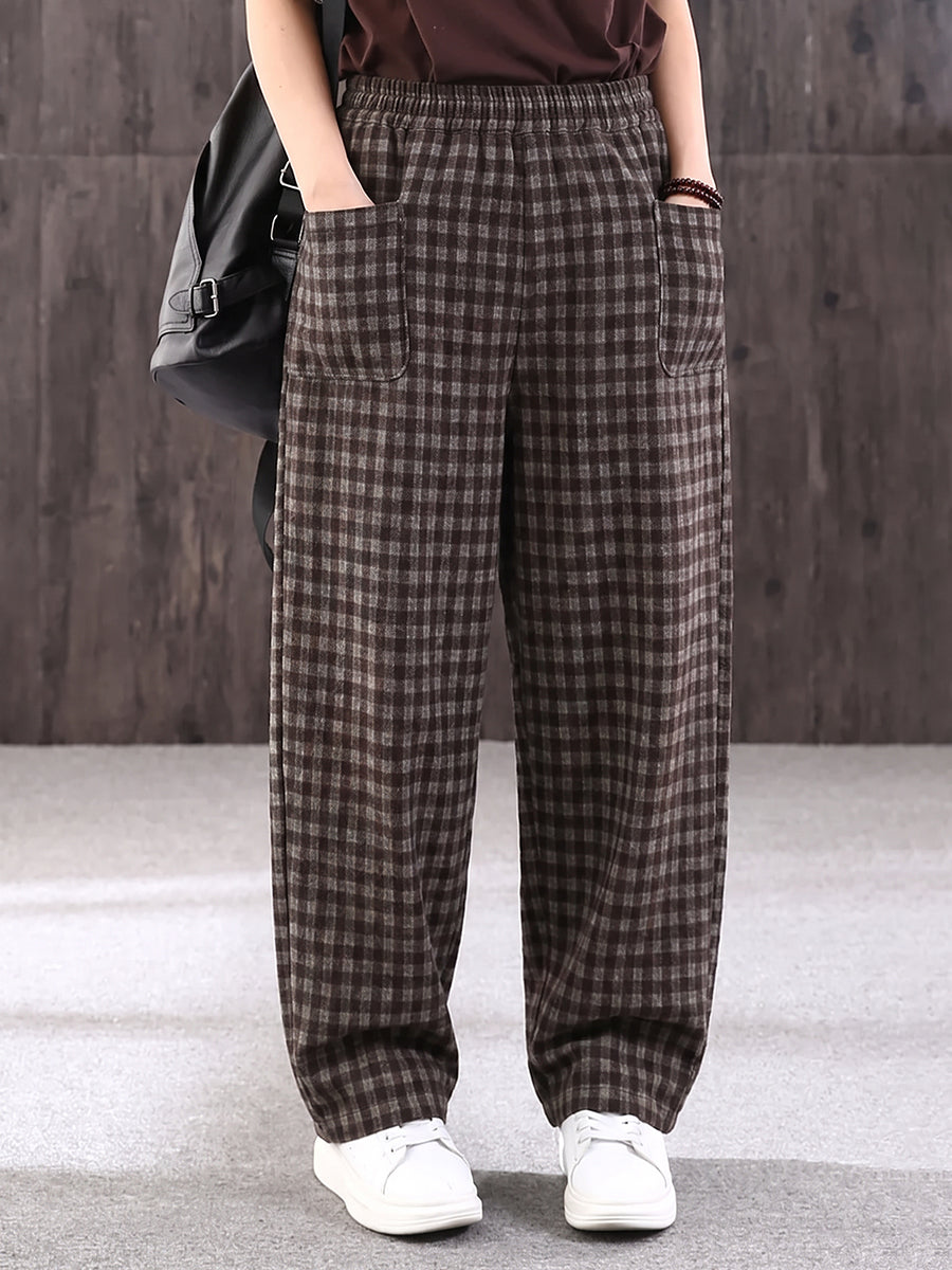 Plus Size Women Effortless Plaid Loose Casual Wide-Leg Pants