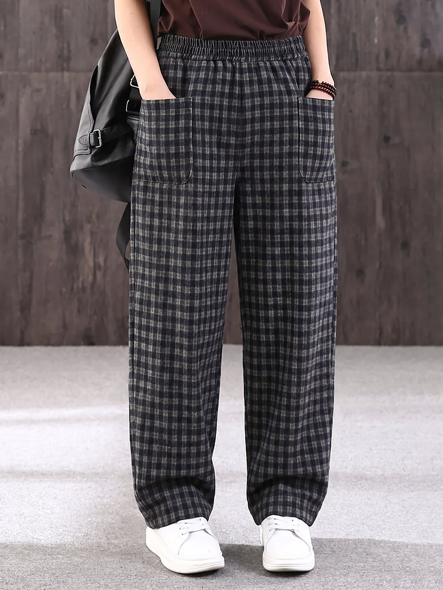 Plus Size Women Effortless Plaid Loose Casual Wide-Leg Pants