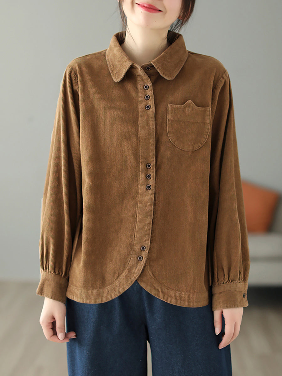 Plus Size Women Autumn Pure Color Turn-down Collar Corduroy Shirt