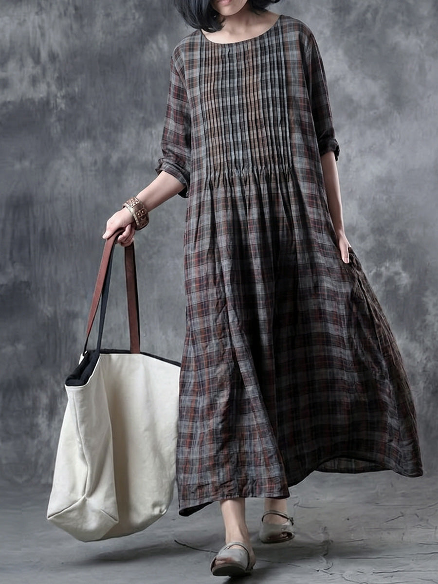 Plus Size Women Vintage Plaid O-Neck Long Sleeve Dress
