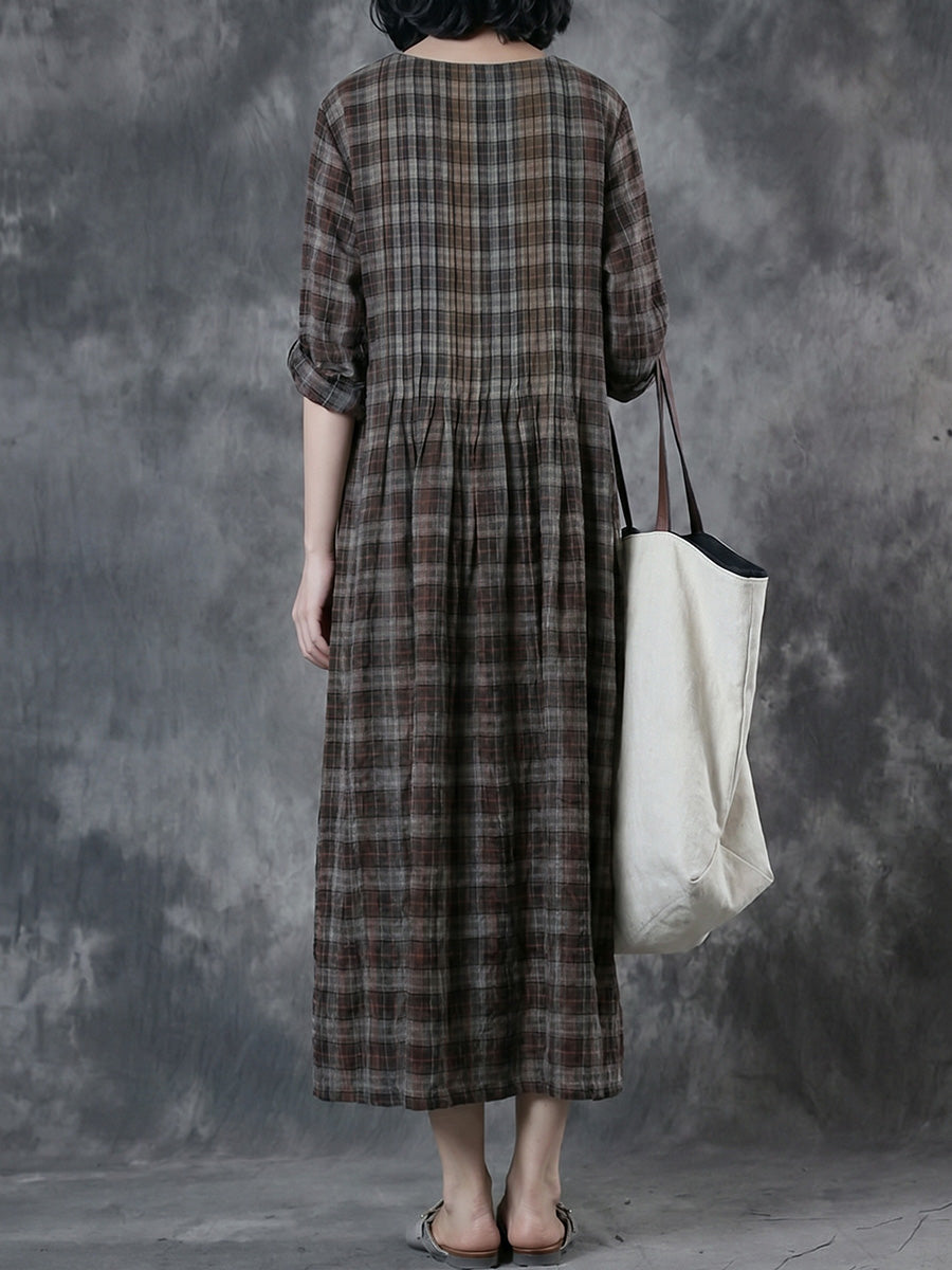 Plus Size Women Vintage Plaid O-Neck Long Sleeve Dress