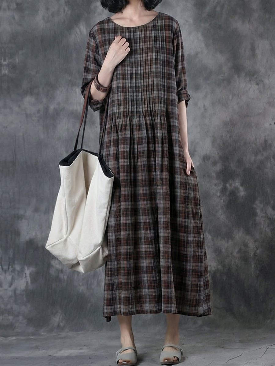 Plus Size Women Vintage Plaid O-Neck Long Sleeve Dress