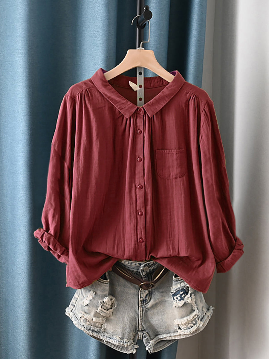 Plus Size Women Summer Artsy Turn-down Collar 100%Cotton Shirt