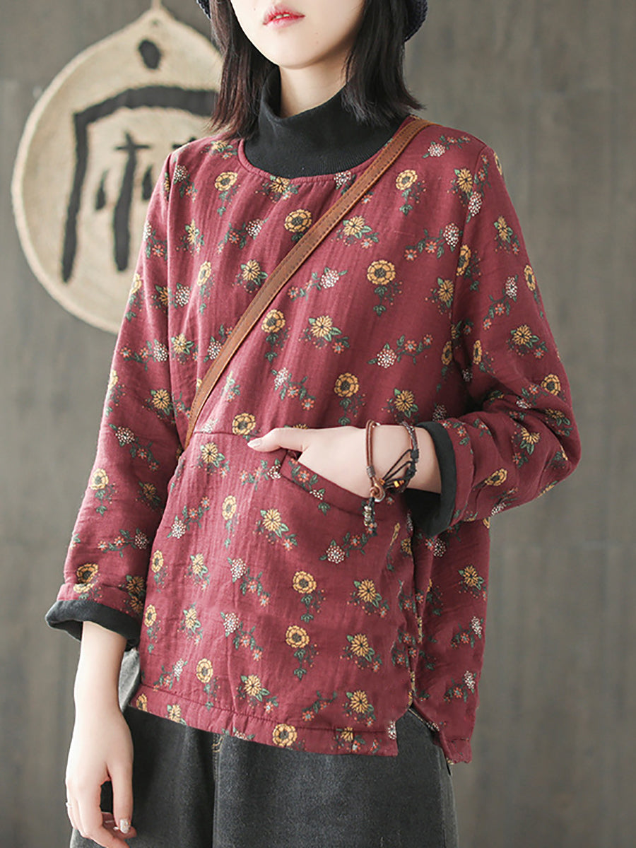 Plus Size Vintage Flower Half-high Collar Spliced Cotton Blouse