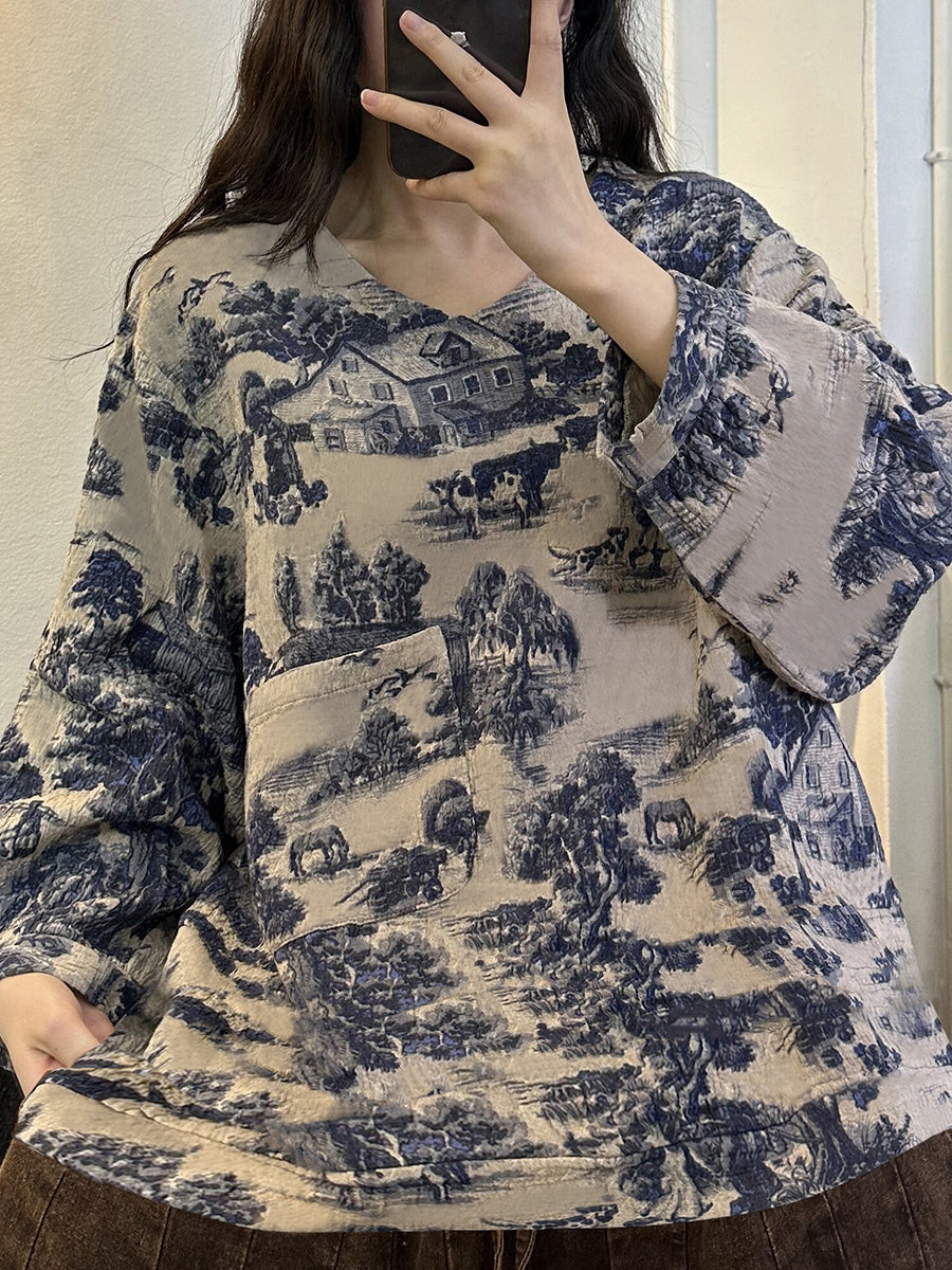 Plus Size Women Vintage Print V-Neck Long Sleeve Blouse