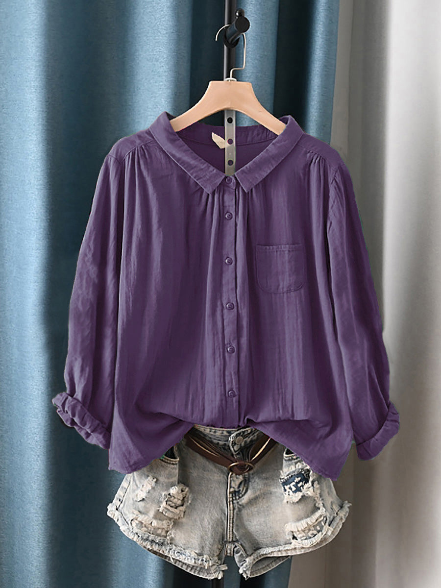 Plus Size Women Summer Artsy Turn-down Collar 100%Cotton Shirt