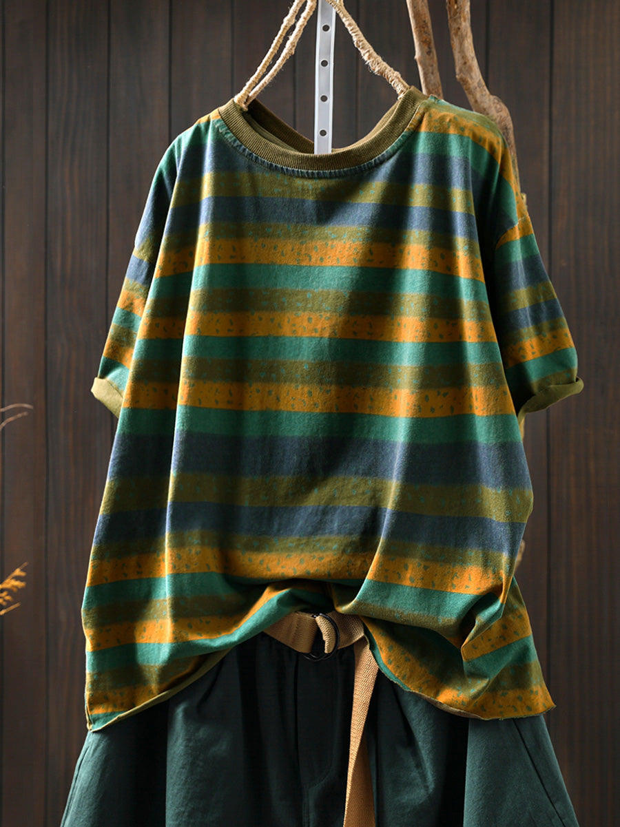 Plus Size Cotton Colorblock Stripe Blouse for Women, Summer Retro O‑Neck Raglan Top