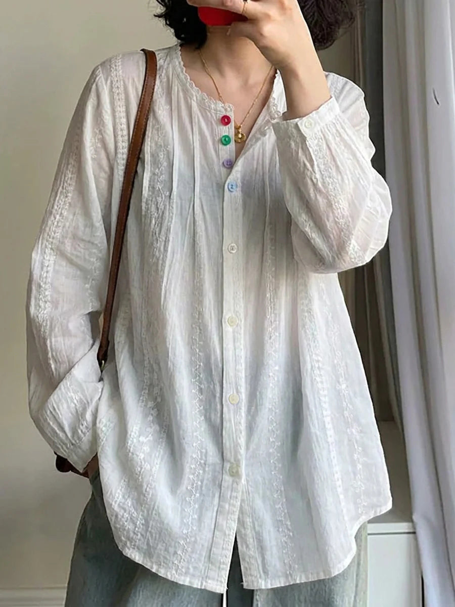 Plus Size Women Artsy Embroidery Long Sleeve Cotton Shirt