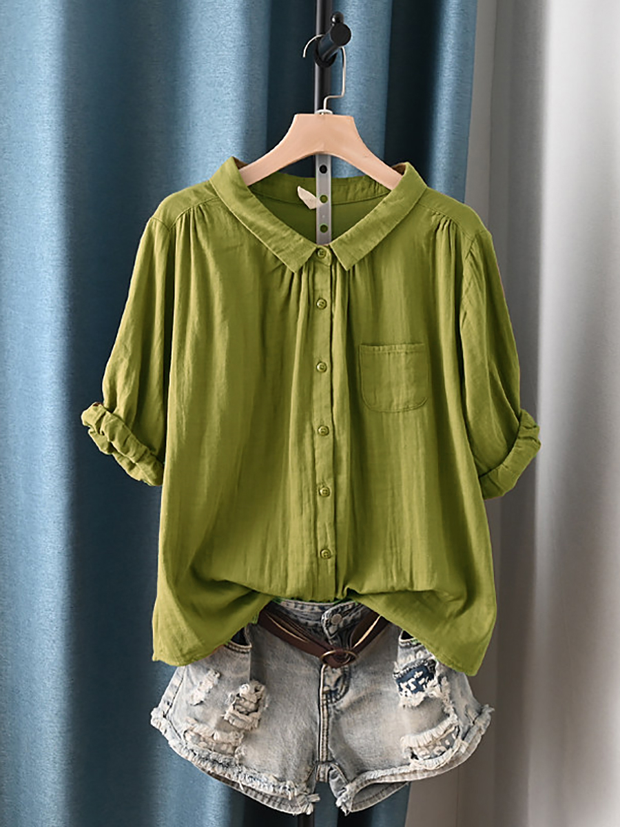 Plus Size Women Summer Artsy Turn-down Collar 100%Cotton Shirt