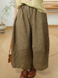 Plus Size Women Summer Vintage Cotton Plaid Wide Leg Pants