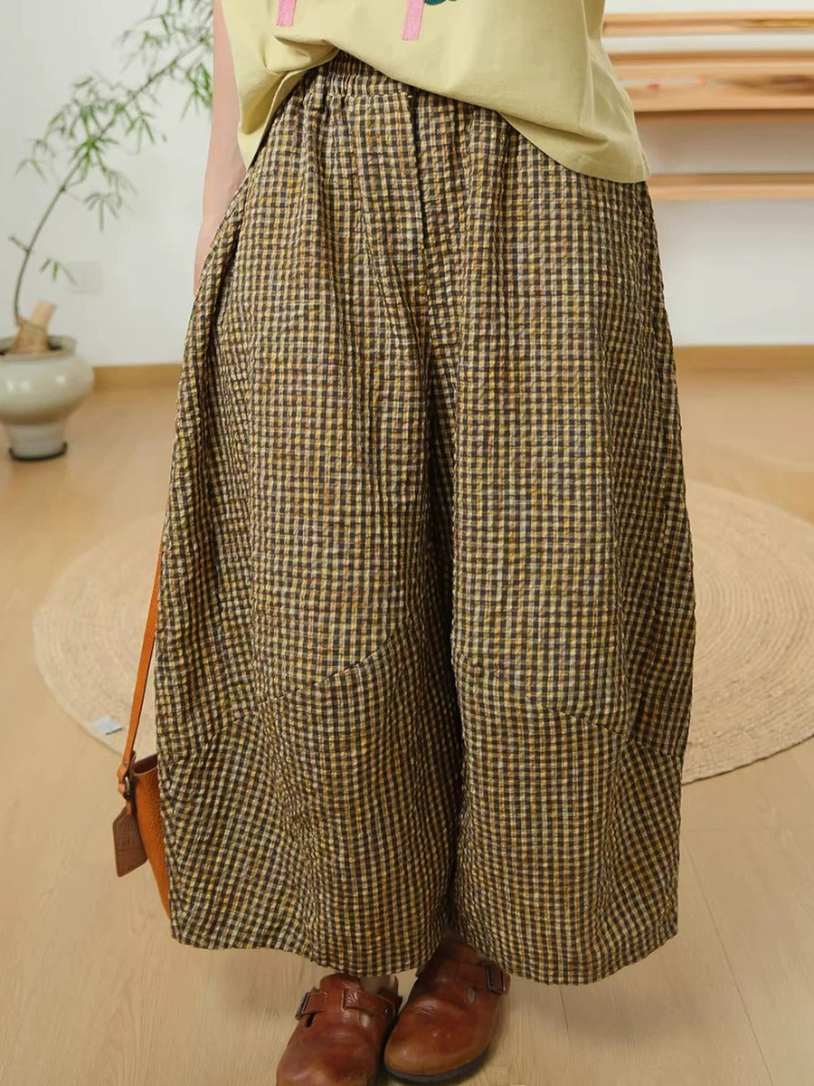 Plus Size Women Summer Vintage Cotton Plaid Wide Leg Pants