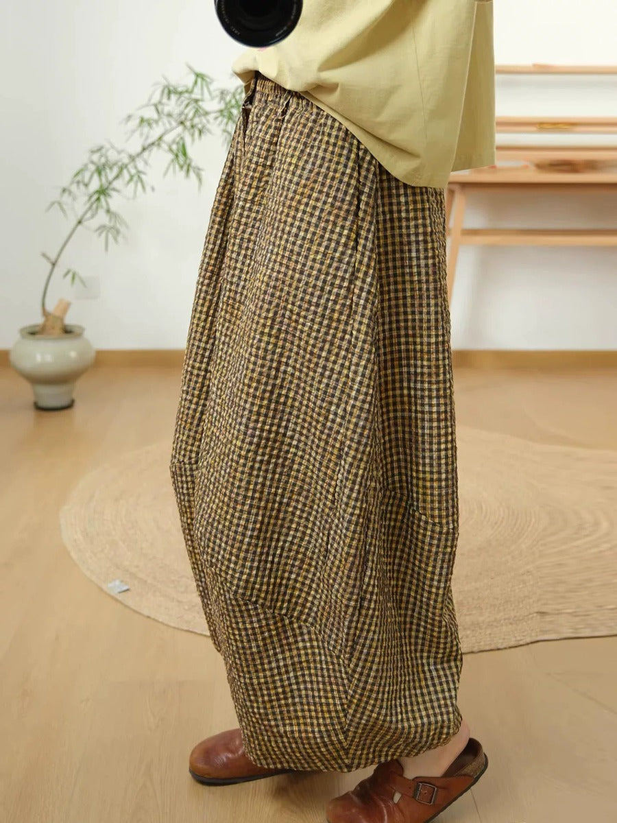 Plus Size Women Summer Vintage Cotton Plaid Wide Leg Pants