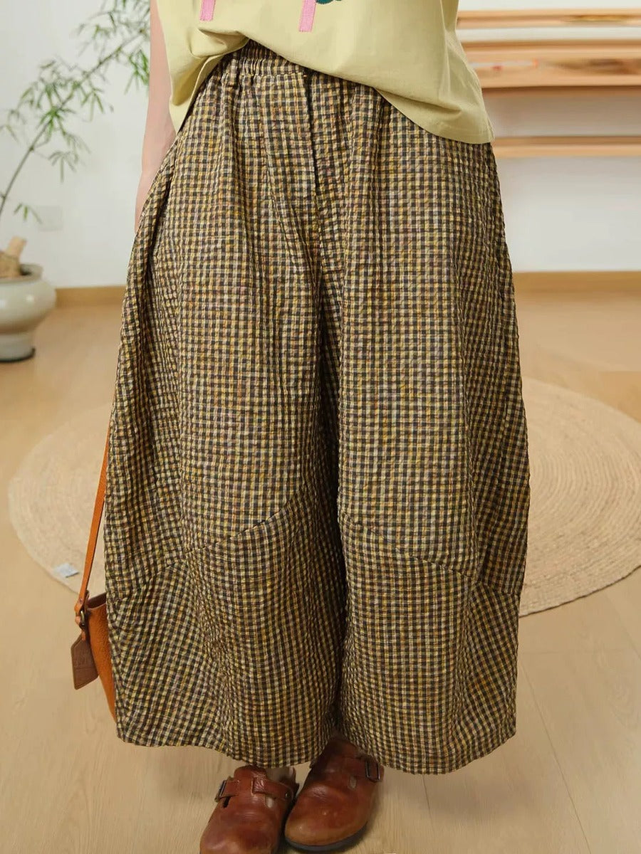 Plus Size Women Summer Vintage Cotton Plaid Wide Leg Pants