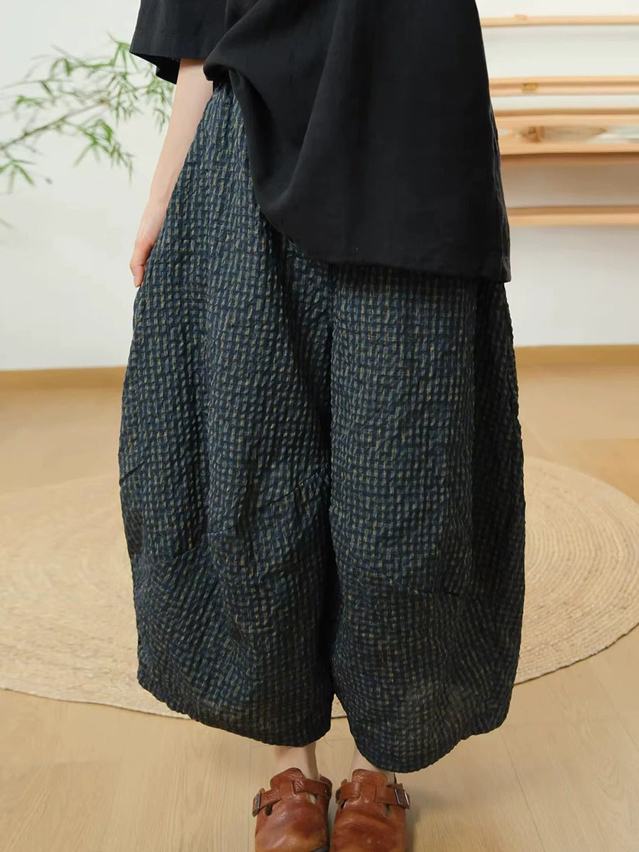 Plus Size Women Summer Vintage Cotton Plaid Wide Leg Pants