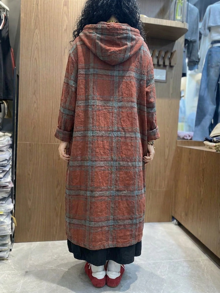 Plus Size Women Vintage Plaid Loose Hooded Dress