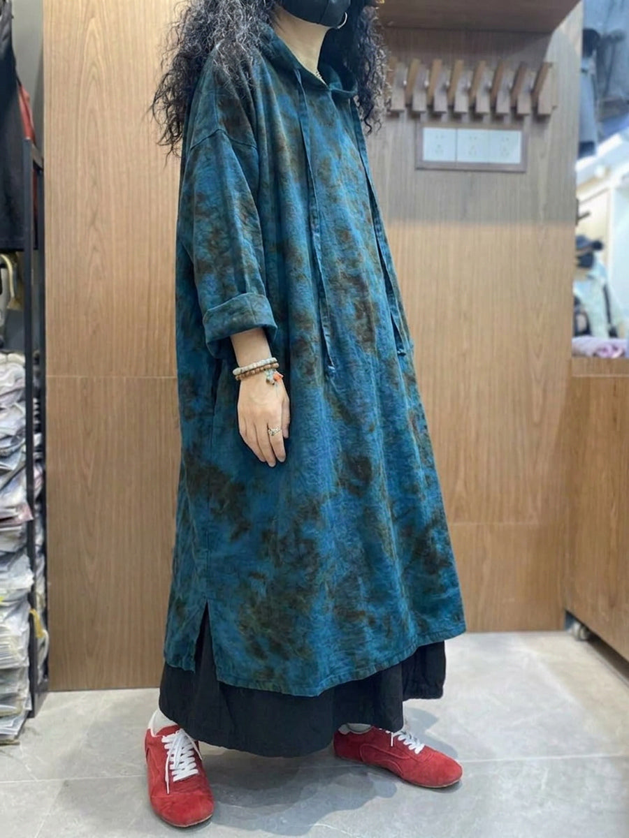Plus Size Women Spring Casual Tie-dye Loose Hooded Dress