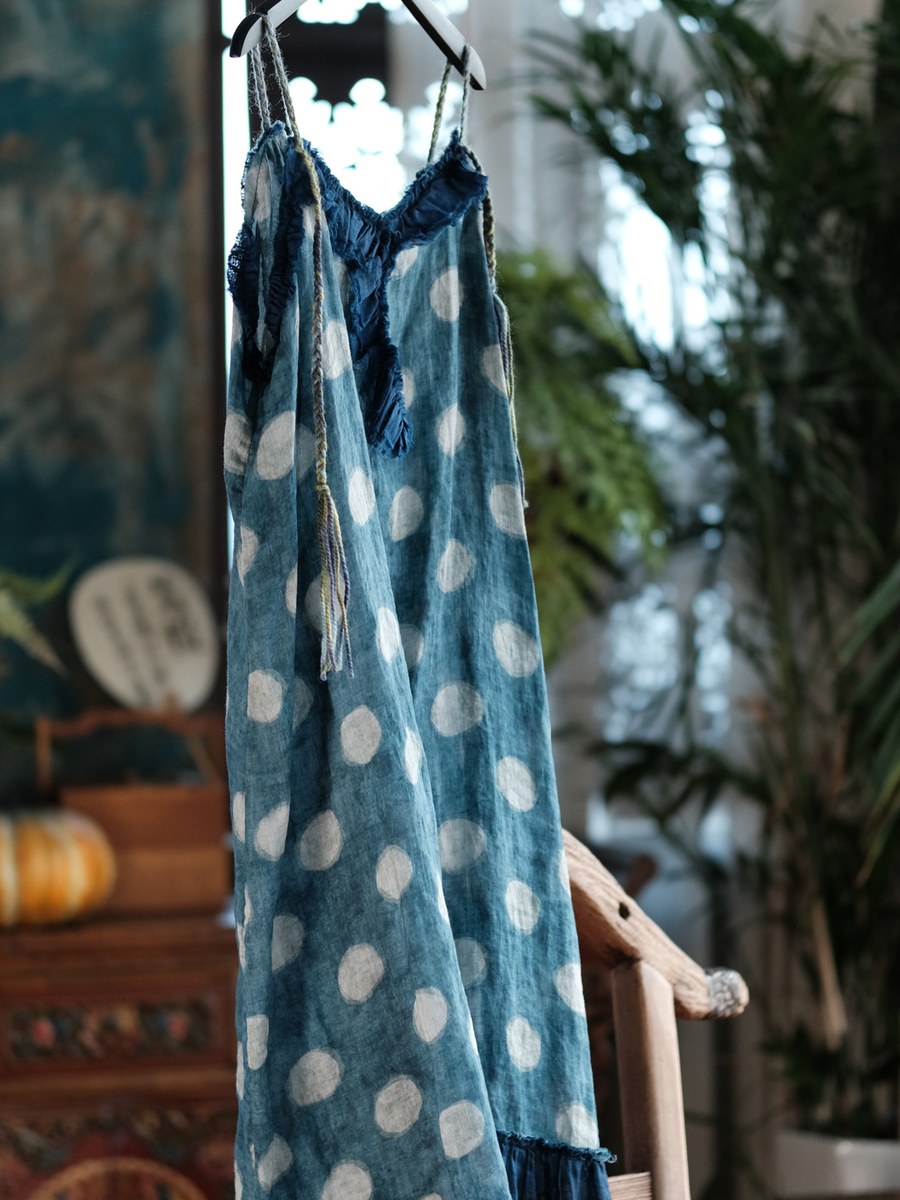 Women Summer Polka Dot Vintage V_neck Linen Maxi Dress