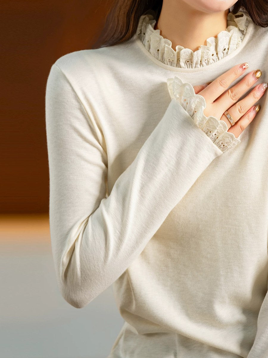 Women Winter Minimalist Lace Trim Long Sleeve Base Layer Top
