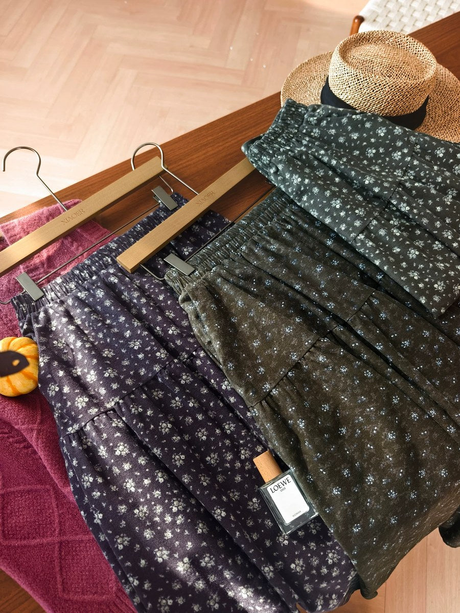 Women Fall Floral Vintage Cotton Midi Skirt