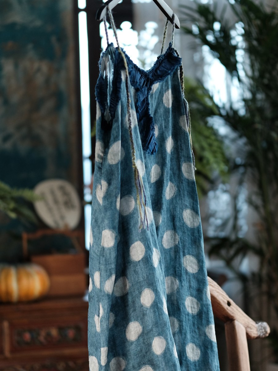 Women Summer Polka Dot Vintage V_neck Linen Maxi Dress