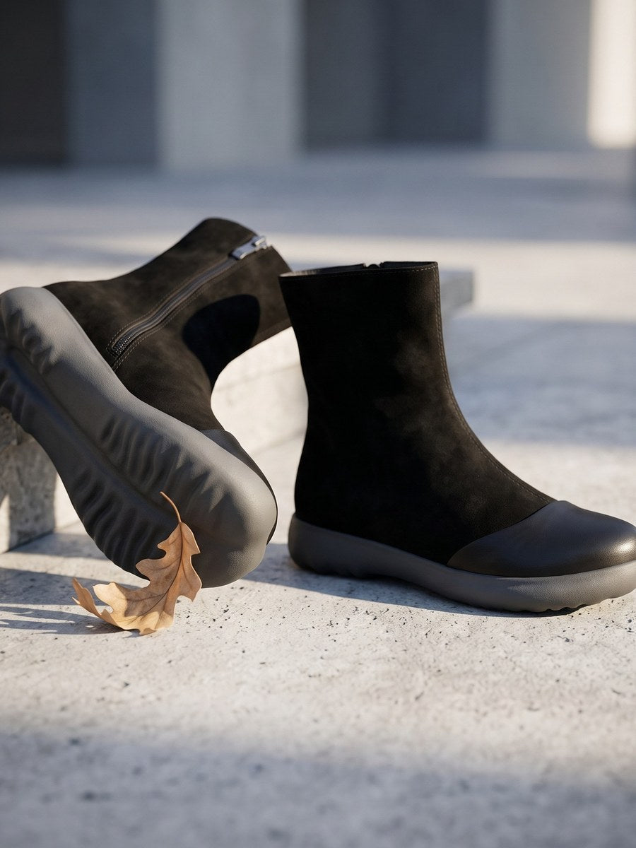 Women Minimalist Top-Grain Leather Spliced Ankle Boots