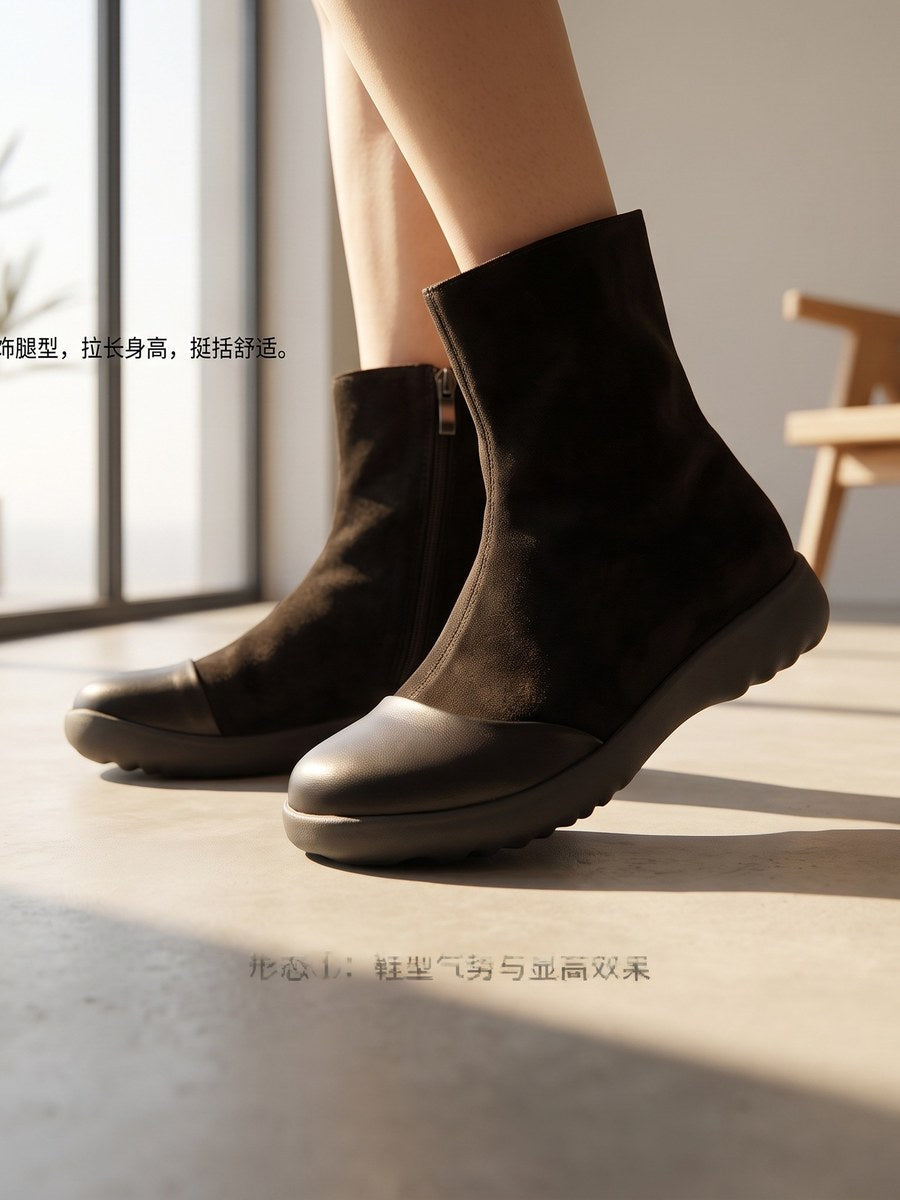 Women Minimalist Top-Grain Leather Spliced Ankle Boots