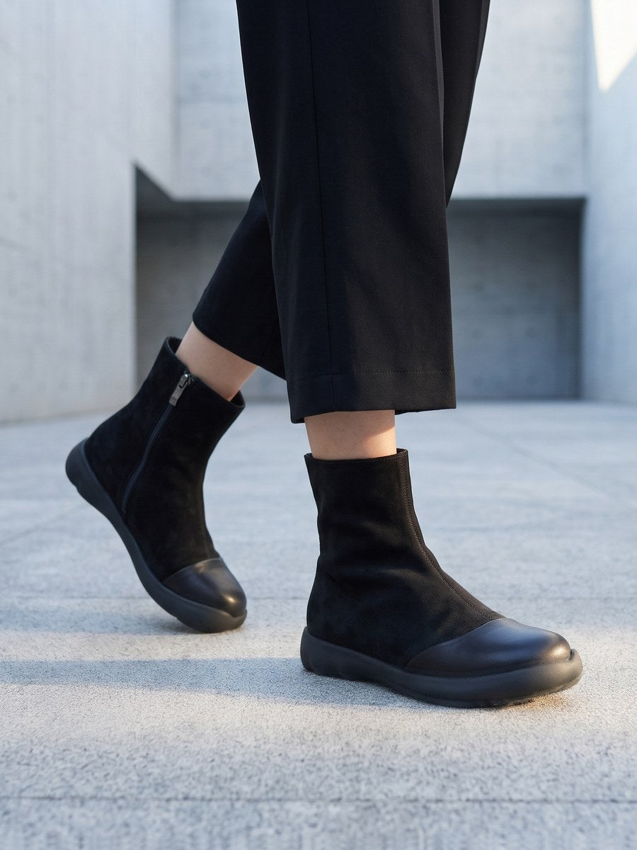 Women Minimalist Top-Grain Leather Spliced Ankle Boots