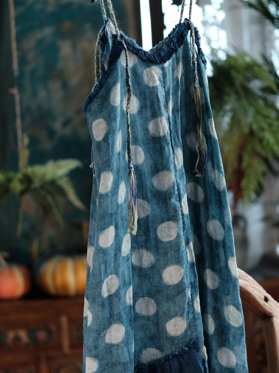 Women Summer Polka Dot Vintage V_neck Linen Maxi Dress