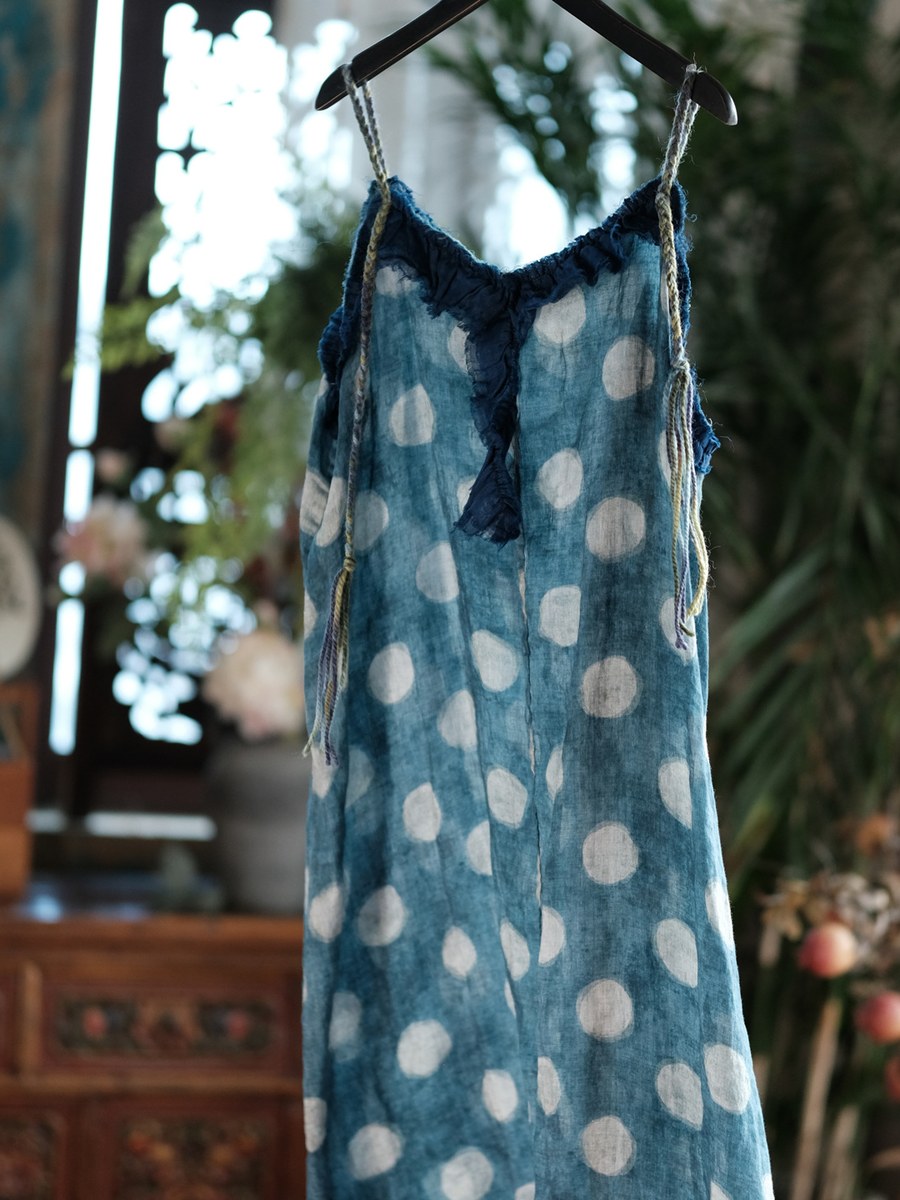 Women Summer Polka Dot Vintage V_neck Linen Maxi Dress