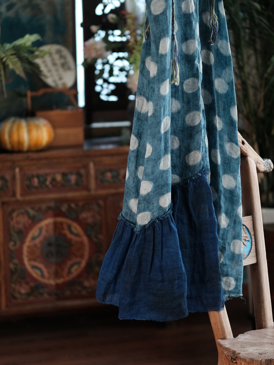 Women Summer Polka Dot Vintage V_neck Linen Maxi Dress