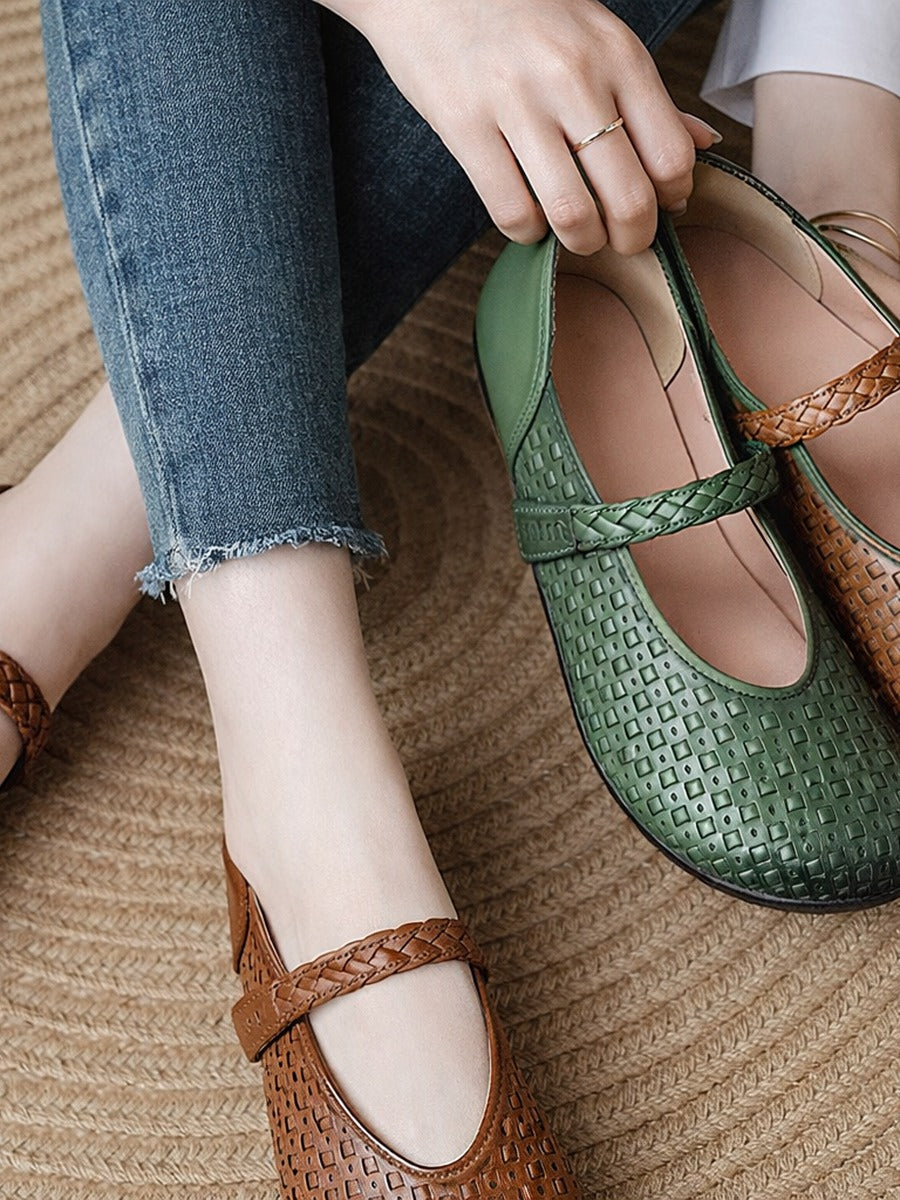 Women Spring Vintage Genuine Leather Cutout Mary Jane Flats