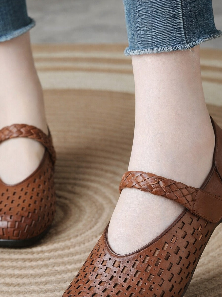 Women Spring Vintage Genuine Leather Cutout Mary Jane Flats