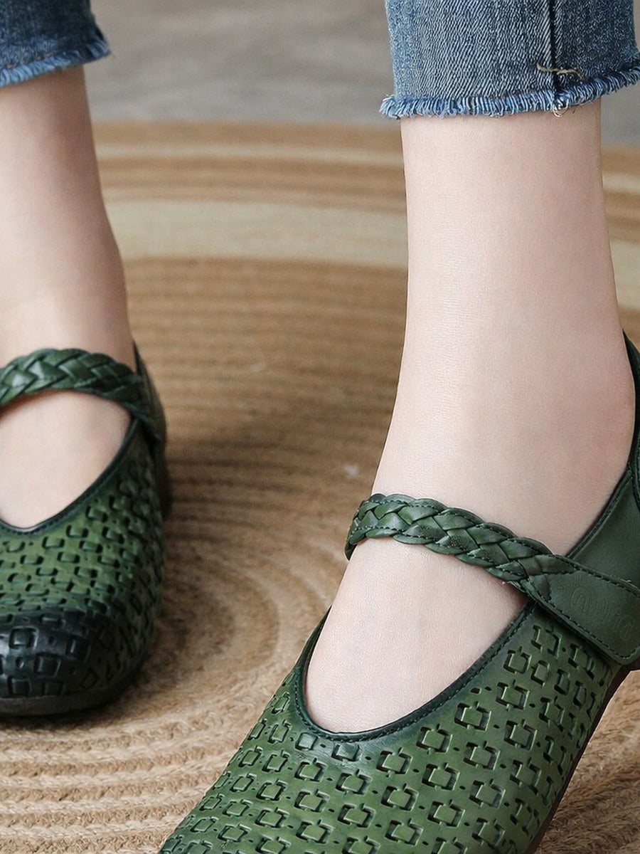 Women Spring Vintage Genuine Leather Cutout Mary Jane Flats