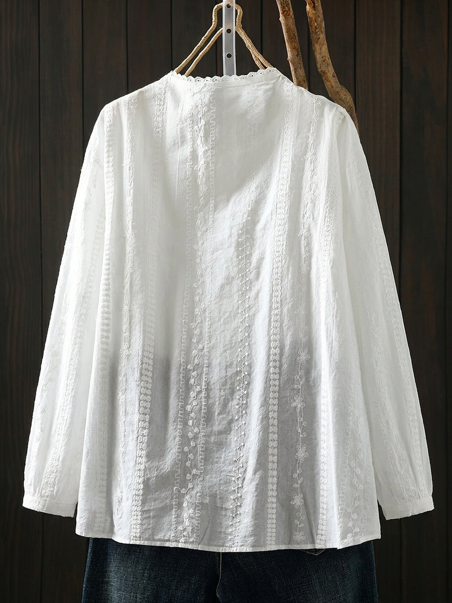 Plus Size Women Artsy Embroidery Long Sleeve Cotton Shirt