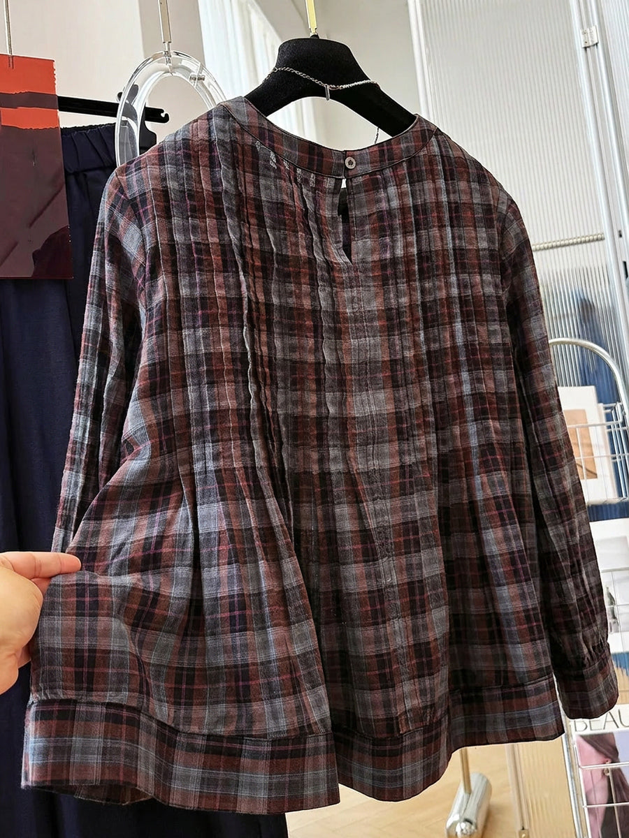 Plus Size Women Vintage Long Sleeve Cotton Plaid Blouse
