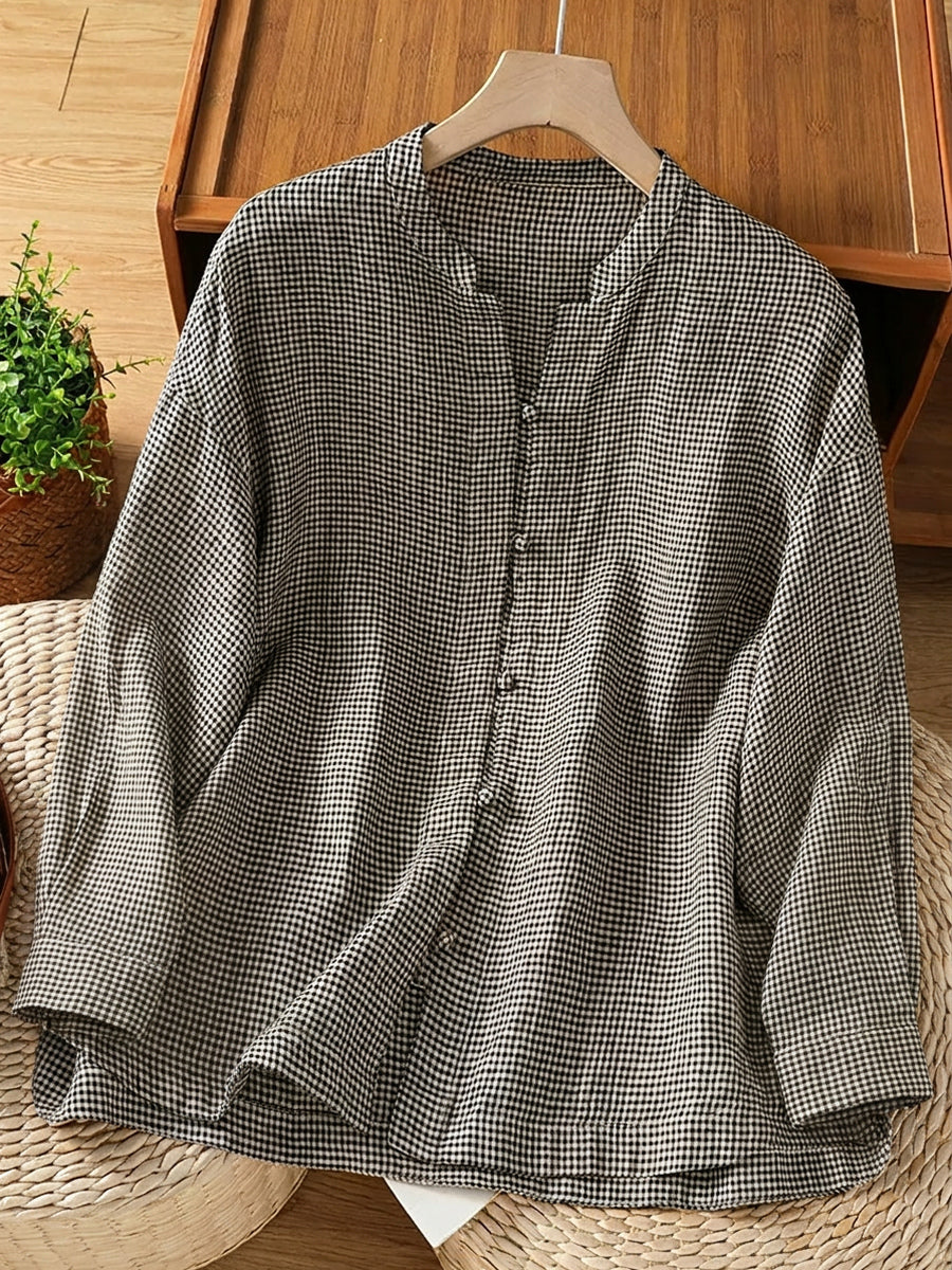 Plus Size Women Retro Lattice Stand Collar Long Sleeve Blouse